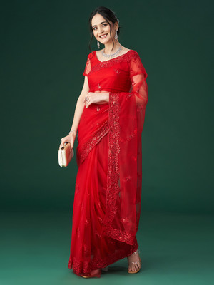 KASEE Embroidered Bollywood Net Saree(Red)