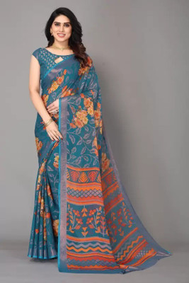 PRANJAL ART Printed Chanderi Brasso, Art Silk Saree(Light Blue)