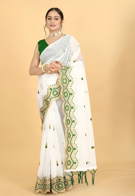 R K Textiles Embellished, Embroidered Paithani Net Saree(White)