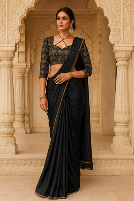 Nancy Desinger Solid/Plain Bollywood Pure Silk Saree(Black)