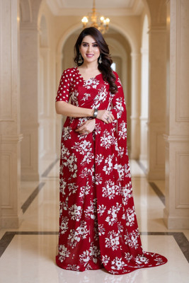 SmittenSmit Printed Bollywood Georgette Saree(Red)