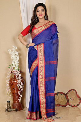 ADbutiq Woven Bollywood Handloom Cotton Blend Saree(Dark Blue)