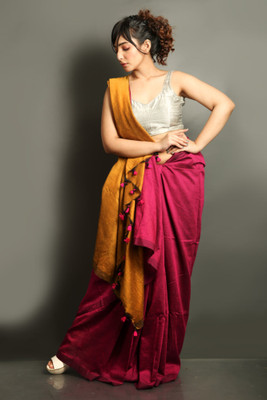 SLAGHA Solid/Plain, Self Design, Color Block Bollywood Handloom Cotton Blend Saree(Magenta, Gold)