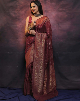 Samah Woven, Embellished Banarasi Silk Blend, Jacquard Saree(Maroon, Gold)