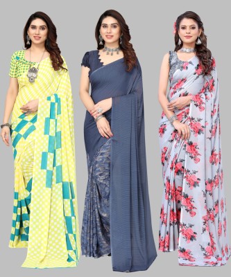 YASHIKA Printed, Floral Print Daily Wear Georgette Saree(Pack of 3, White, Grey, Yellow)