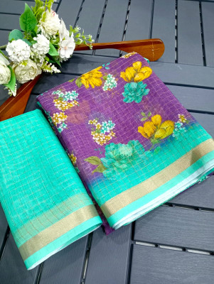 Saaransh Floral Print Kanjivaram Linen, Cotton Silk Saree(Multicolor)