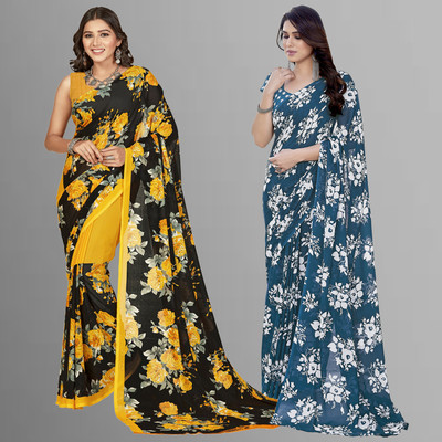 Anand Sarees Floral Print Daily Wear Georgette Saree(Pack of 2, Yellow, Black, Blue)