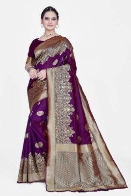 Aachari Embellished, Self Design, Temple Border, Applique Banarasi Art Silk, Jacquard Saree(Purple)