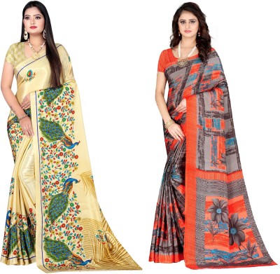 Leelavati Printed Daily Wear Crepe Saree(Pack of 2, Yellow, Orange)