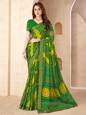 SainiVastra Printed Bandhani Chiffon Saree(Green)