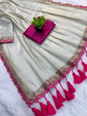 Sareezaa Solid/Plain Bollywood Tissue, Silk Blend Saree(Cream)