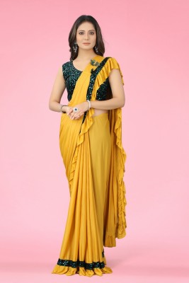 KSENTERPRISE Solid/Plain Bollywood Lycra Blend Saree(Yellow)