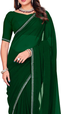 YAKSH Solid/Plain, Embellished Palazzo Saree Georgette Saree(Green)