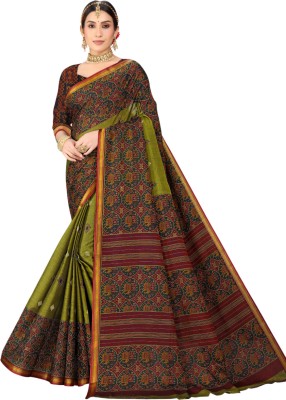 karishma sarees Blocked Printed Patola Pure Cotton Saree(Dark Green)