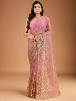 House of Pataudi Woven Daily Wear Net Saree(Pink)