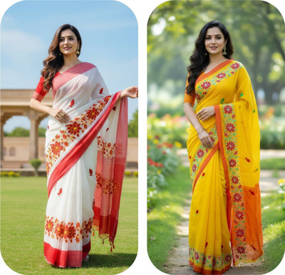 Sarkar Textiles Embroidered Bandhani Pure Silk Saree(Pack of 2, Red, Yellow)