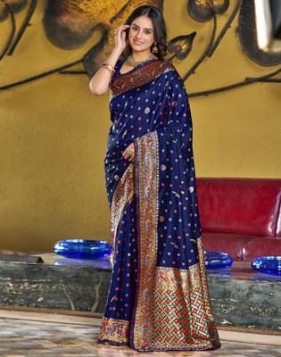 Samah Woven, Embellished, Self Design Paithani Art Silk Saree(Blue, Multicolor)