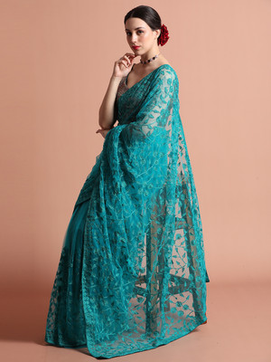 Jaipur Kurti Embroidered Bollywood Net Saree(Blue)