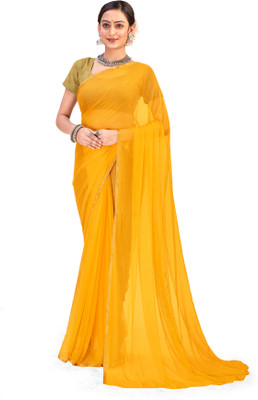 V And V Shop Solid/Plain Daily Wear Jacquard, Chiffon Saree(Yellow)