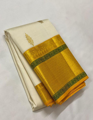 Rudr Venture Self Design Banarasi Cotton Silk Saree(Beige)