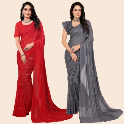 Anand Sarees Striped Bollywood Satin Saree(Pack of 2, Yellow, Grey)