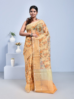 stotra Floral Print Kota Doria Cotton Blend Saree(Yellow)