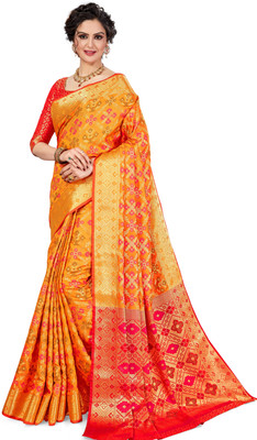 M.S.RETAIL Self Design Banarasi Silk Blend Saree(Gold, Orange)
