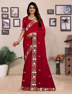 DRASTI ART Embroidered Bollywood Georgette Saree(Red)