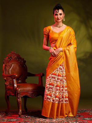 ANOUK Printed Patola Silk Blend Saree(Yellow)