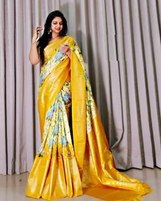omkar fashion Self Design Bollywood Silk Blend Saree(Yellow)