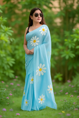riyanshi fashion Solid/Plain, Self Design, Embellished Bollywood Cotton Linen Saree(Blue)
