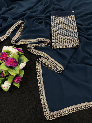 V AMAN FASHION Solid/Plain, Self Design, Embroidered Bollywood Chiffon Saree(Dark Blue)