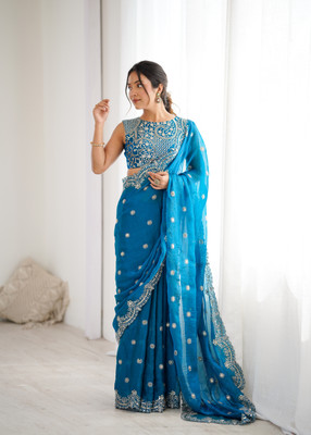 Sajavat Embroidered, Embellished, Woven Bollywood Chiffon Saree(Light Blue)