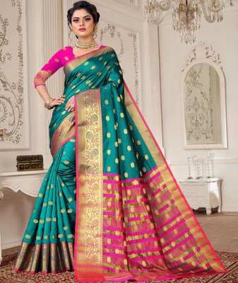 KING VULTURE Woven, Paisley, Self Design Banarasi Pure Silk, Cotton Silk Saree(Light Blue)