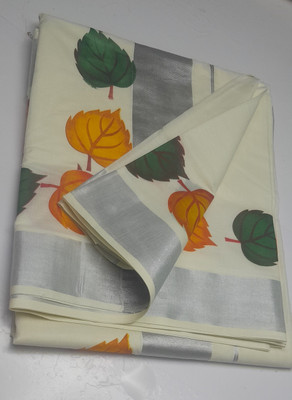 K k selvaam tex Floral Print Kasavu Pure Cotton Saree(Cream, Orange, Dark Green, Silver)