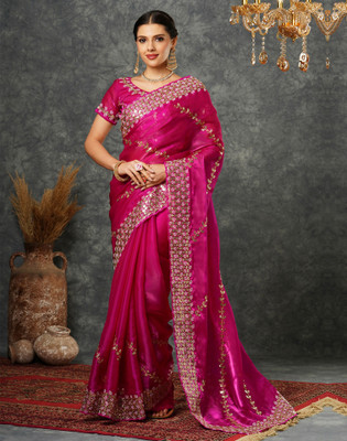 Satrani Embellished, Embroidered, Dyed Bollywood Tissue Saree(Pink)