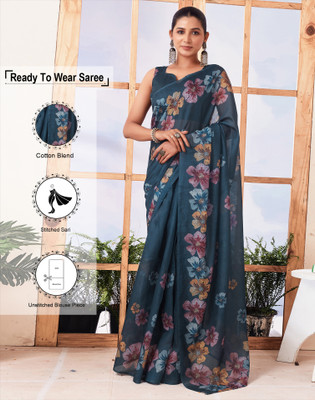 Satrani Floral Print, Printed Daily Wear Cotton Blend Saree(Blue, Multicolor)