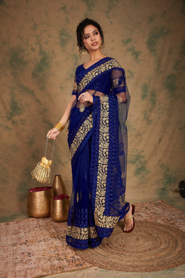 manvaa Embroidered Bollywood Net Saree(Blue)