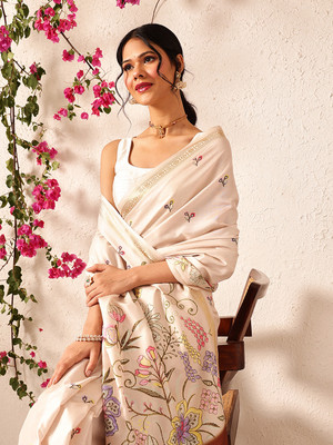 SILK ZONE Printed Banarasi Art Silk Saree(Beige, Pink)