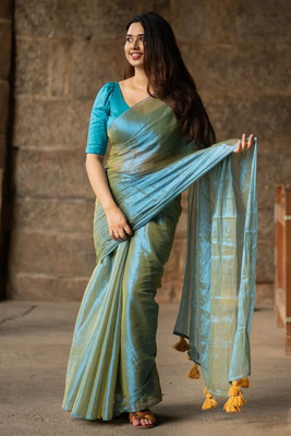 sareen Solid/Plain Bollywood Tissue, Pure Silk Saree(Blue)