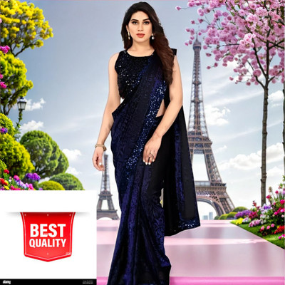Online Bazaaar Solid/Plain Bollywood Lycra Blend Saree(Dark Blue)