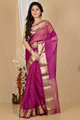 DipDiya Embellished, Solid/Plain, Woven Handloom Cotton Blend Saree(Purple)