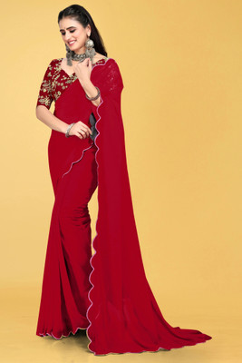 Brahmani Creation Solid/Plain Bollywood Georgette Saree(Red)