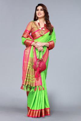 ANIRAV Self Design Chettinadu Cotton Silk Saree(Light Green)