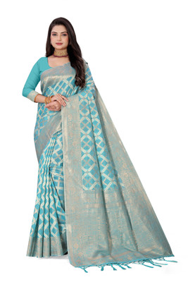 shloky Woven Banarasi Silk Blend Saree(Light Blue)