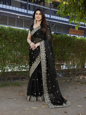 TTH Embellished Bollywood Chiffon, Organza Saree(Black)