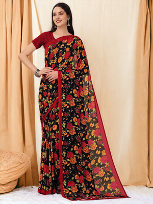 AMBUJAINTERNATIONAL Printed Bollywood Georgette Saree(Black)