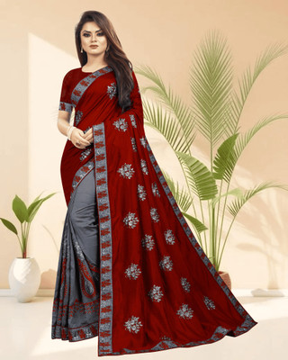 SHOBHTESH Embroidered Madhubani Silk Blend, Net Saree(Maroon, Grey)