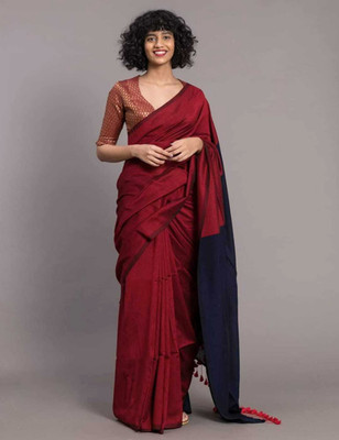 GulabiSaheba Color Block Handloom Cotton Blend Saree(Maroon, Dark Blue)