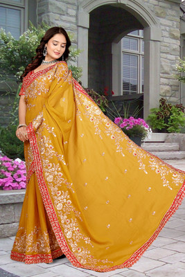 Aksh Fashion Embroidered Bollywood Georgette Saree(Yellow)